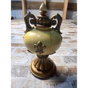 Vintage Fleur De Lis Decorative Yellow Gold Ornate Scrolled Handle Jar 9"
